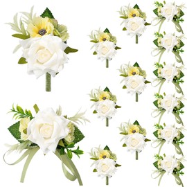 12 Pcs Corsage and Boutonniere Set with Pins for Wedding,White
