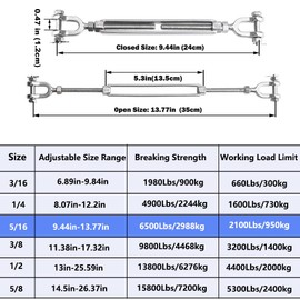hannger 2Pcs 5/16 Turnbuckle M8 304 Stainless Steel Turnbuckle, 2100 lbs Working Load Limit, Jaw and Jaw Turnbuckle for Cable Wire Rope Tension, Zipline, Shade Sail