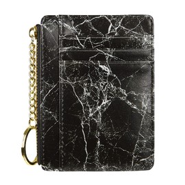 Women's 8 Cards Slim Minimalist Card Holder Coin Changes Purse Keychain Front Pocket Wallet, Marble Black