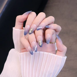 24pcs Navy Gradient Nail Tips French Nail Pearls for Wedding, Party, Holiday, Dating, Prom and Daily Life