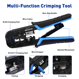 NataLink RJ45 Crimp Tool Ethernet Crimper Tool Kit Cat 6 Cat 5E Cat 5 Crimping Tool with Network Cable Tester, Wire Cutter Pliers, Mini Cable Stripper, 50 Pcs Cat 5E Connector and Strain Relief Boots