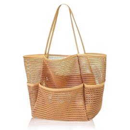 Cadimus Mesh Beach Bag, Foldable Beach Handbag XXL, Beach Tote Bag Women, Mesh Beach Bag with Multiple Pockets and Inner Pockets with Zip, for Family, Beach, Camping, Shopping, Travel, khaki