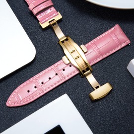 Original Calfskin Leather Watch Straps, Replacement Alligator Bracelet for Men, Women with Silver/Gold/Rose Gold Butterfly Insert Buckle 12 mm 13 mm 14 mm 16 mm 17 mm 18 mm 19 mm 20 mm 21 mm 22 mm 23