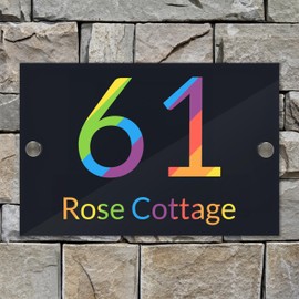 Badgemaster Modern Anthracite House Number Sign Plaque Stainless Steel Standoffs 20cm x 13cm Rainbow Colourful Design