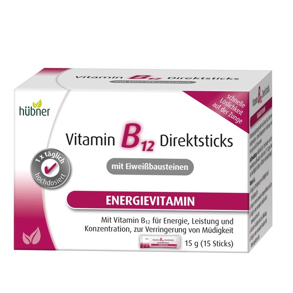Vitamin B12 direct sticks, with two selected protein building blocks and forest fruit flavour, for new energy, concentration and to reduce fatigue, practical direct sticks