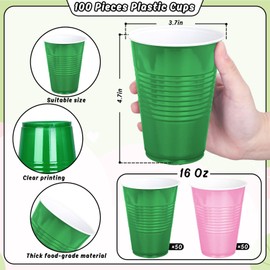 FYSUIMU 100Pcs Pink and Green Plastic Cups 16Oz Disposable Drinking Cup Stackable Party Cups for Green Pink Theme Watermelon Flamingo Party Supplies