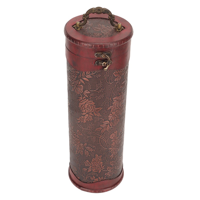Antique Finish Wooden Wine Bottle Box Grape Pattern Artificial Leather