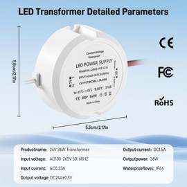 LED Power Supply 24 V 1.5 A 36 W, Transformer 230 V AC to 24 V DC 1.5 A, Waterproof IP66 LED Driver, Ultra Small Isolating Transformer, 24 Volt Power Supply Unit Constant Voltage for DIY Light Strips