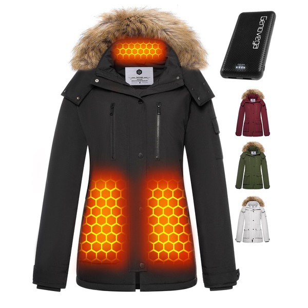 Women Graphene Heated Jacket Battery Pack Coat Heating Clothes Winter Outdoor Work Gear Motorcycle Accessories Camping Essentials Travel Must Haves Supplies Equipment Necessities Warmer Gifts Black
