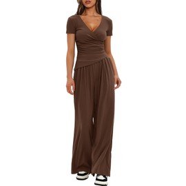 Darong Women's 2 Piece Outfits 2025 Short Sleeve Irregular hem Tops And Long Pants Lounge Sets Tracksuit 9084A Coffee M