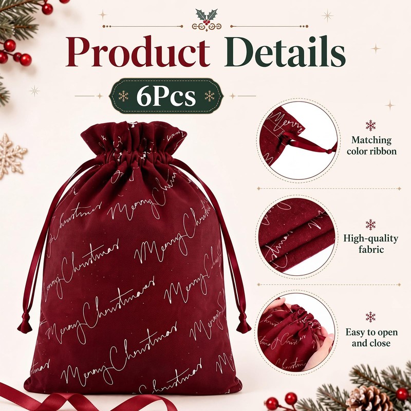 6 Pcs Christmas Tree Drawstring Gift Bags, 10" 16" 20"