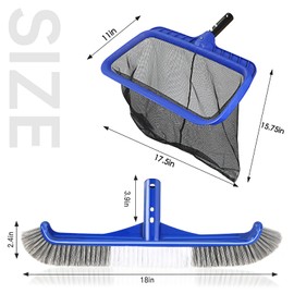 Pool Brush Head & Fine Mesh Pool Skimmer Kit，17" Pool Brushes for Cleaning Pool Wall， Reinforced Frame Pool Net Leaf Skimmer Cleaning Tool with Deep Fine Nylon Mesh Net Bag for Fast Cleaning