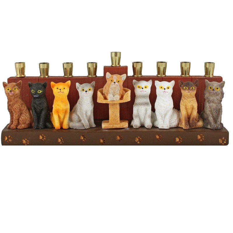 Aviv Judaica Hanukka Cat Menorah - 3D Sculptured Cats and