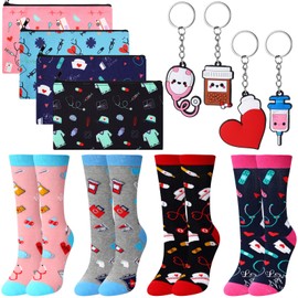 Suhine 12 Pieces Nurse Gift Sets 4 Nurse Socks 4 Nurse Pattern Canvas Makeup Bag 4 Nurse Keychain Nurse Party Favors Christmas Birthday Present for Nurse, Registered Nurse, Nurse Practitioner