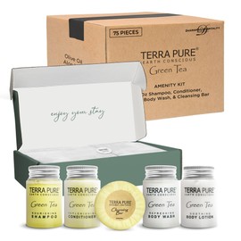 Terra Pure Gree Tea Amenity Kit | Boxed Hotel Toiletries | Bulk Set 1oz Travel Size Shampoo, Conditioner, Lotion, Body Wash & Body Bar Soap for Guest Hospitality AirBnB/Vacation Rentals | 15 sets/case