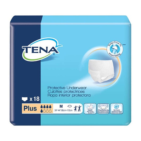TENA Protective Underwear, Plus Absorbency Medium, Waist/Hip 34" - 44"/Pack of 18