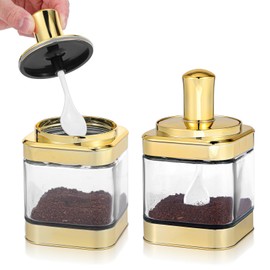 Tolare 2 Pack Glass Condiment Containers with Lids and Spoons, 12 Ounce Condiment Pots, Gold Seasoning Pot Set, Spice Jars and Sugar Dispense for Your Kitchen, Dining Room, Counter