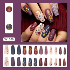 Fall Flower Press on Nails Medium Coffin Fake Nails Matte Colorful Acrylic Nails with Retro Flower Striped Designs Coffin False Nails Winter Stick on Nails for Women Girls Manicure Salon 24Pcs