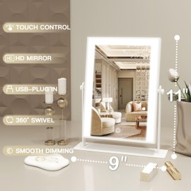 ROLOVE Lighted Makeup Mirror, 17"x13" Vanity Mirror with Lights and 10X Magnification, 3 Color Lighting Modes, Smart Touch Control, 360° Rotation for Bedroom or Tabletop (White)