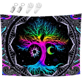 Hyakoz Fluorescence UV Tree of Life Tapestry, Psychedelic Tapestry, Tree of Life, Moon, Sun Wall Decoration, Aesthetic Nature, Trippy Wall Hanging, Landscape for Bedroom, Home Decoration