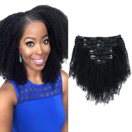 Sassina Afro Coily Human Hair Clip in Extensions, 4B 4C Clip in Human Hair for Black Women 7 Pieces with 17 Clips 120 Grams 16 Inch Jet Black #1