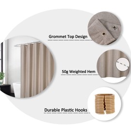 Flax linen like 240 GSM heavy stable shower curtain for bathroom with hooks, hotel luxury fabric, washable, taupe, 120 x 200 cm