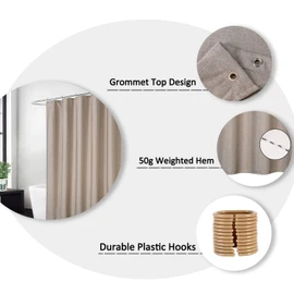 Flax linen like 240 GSM heavy stable shower curtain for bathroom with hooks, hotel luxury fabric, washable, taupe, 120 x 200 cm