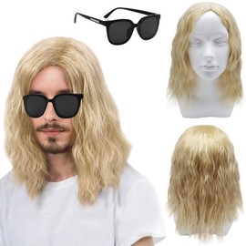 TSHAOUN Mens long Blonde Wig, 16 Inch/40 cm Mid Length Mens Curly Hair Wig for Adult, Pop Rocking Dude Wigs and Sunglasses, 70s 80s Men’s Fancy Dress Party Wigs for Costume Cosplay Halloween (Blonde)