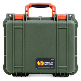 Pelican Protector 1400 Case by ColorCase - OD Green - Medium Size Waterproof Case with Pick & Pluck Foam & Convoluted Lid Foam - Orange Handles & Latches