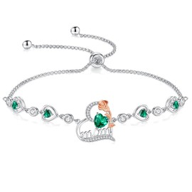 FANCIME Mom Birthstone Bracelet for Women Emerald Rose Heart Bracelet Mothers Day May Jewelry Gifts for Grandmother Wife, 9 Inches Adjustable