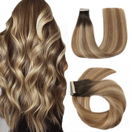 Hotlulana Tape Extensions Real Hair 45 cm 40 g 20 Pieces Ombre Hair Extensions Chestnut Brown to Light Brown Mix Light Blonde Skin Weft Hair Extensions 100% Natural Real Hair Extensions Tape