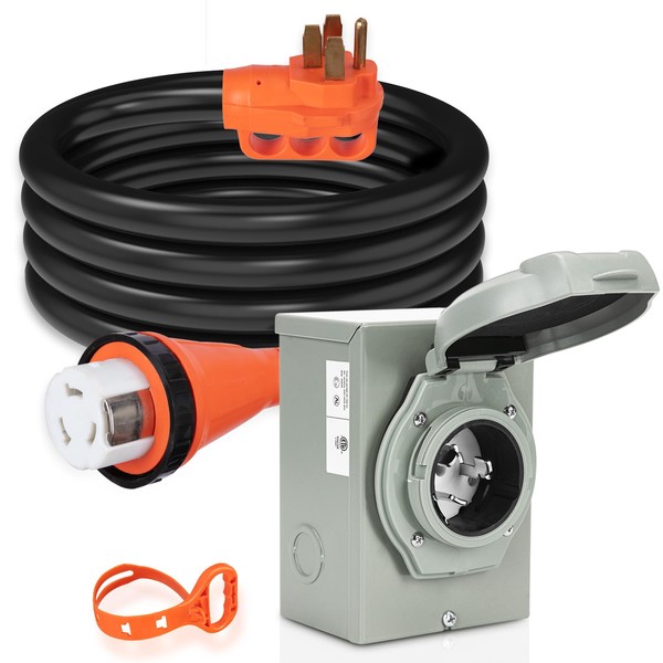 WELLUCK 50 Amp Emergency Power Combo Kit with SS2-50 Inlet Box and 15 FT Power Cord, 50A Generator Power Inlet Box, NEMA 14-50P to SS2-50R RV Power Extension Cord with Grip Handle, ETL Listed
