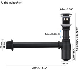 Miraga Bathroom Sink Stopper Set Waste Pipe 1-1/4 inch Slip Inlet Drain Set, Lavatory Adjustable Basin Sink Waste Pipe Drain P-Trap Kit w/Overflow, General US/CA Standard, Matte Black