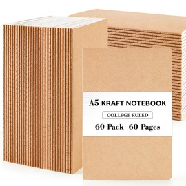 feela 60 Pack Kraft Notebooks Bulk, Lined Travel Journals Note Pad Notebooks for Men Women Girls Students, Making Plans Writing Memos Office School Supplies, A5, 60 Pages, 8.3” X 5.5”
