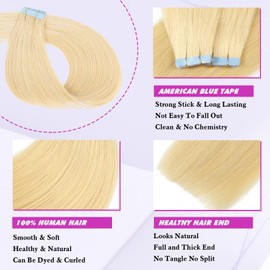 Tape in Hair Extensions Human Hair Bleach Blonde 20Inch 50g Blonde Tape in Hair Extensions Human Hair 20Pieces/Pack Hair Extensions Real Human Hair Tape in for Black Women(20Inch,#613,50g)