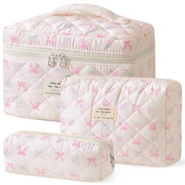 HBselect 3 PCS Quilted Makeup Bag, Cotton Large Travel Makeup Bag, Cute Floral Coquette Make up Bag Cosmetic Bag Toiletry Bag for Women Girls
