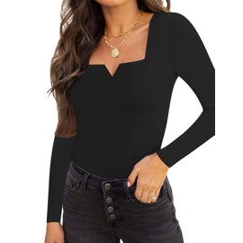 Chunpin Women's Square Neck Notch V Neck Bodysuit Long Sleeve Tops Outfits Thong Bodysuits Going Out Black Medium