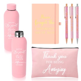 Funnymoom 6-teiliges Dankeschön-Geschenkset, 482 ml, mattierter Edelstahl, Vakuum-Wasserflasche, Make-up-Tasche, Tagebuch und Stifte, Geschenke für Kollegen, Lehrer, Mitarbeiter, Abschlussfeier (Rosa)