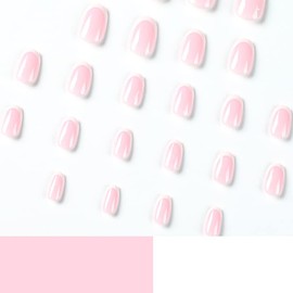 JUSTOTRY 24 Pcs Almond Shape Glossy Classical French Press on Nails, Short Medium Length Bright Pink Designs Oval Fake False Nails with Glue, Nail Art for Women and Girl Stick on Nails