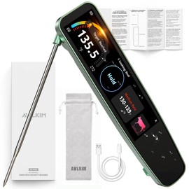 AWLKIM 0.5s Instant Read Smart Meat Thermometer Digital, 3.8″ HD Touchscreen with Temp-OS, Professional Kitchen Food Thermometer for Cooking, Grill, BBQ | ±0.5°F, −58–572°F, IP68, USB-C Rechargeable