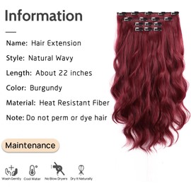 Clip in Extensions XIXISNOW 22inch Long Wavy Synthetic Invisible Curled Clip on Hair Extensions Clip Ins 4pcs Hair Pieces Soft and Not Easily Knotted Hair Extension Clips For Women Burgundy