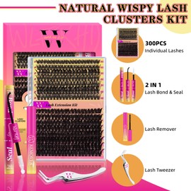 Eyelash Extension Set, 300-Piece Individual Eyelash Clusters, 60D, 80D Eyelash Clusters Set, Natural Eyelash Set with Eyelash Glue and Seal, Eyelash Remover and Tweezers (D-Mix 10-18 mm Set)