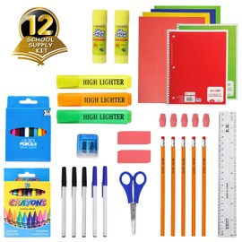 Moda West 52 Piece Bulk School Supplies Kits - Pens, Pencils, Crayons, and More - Value Pack of 12 Kits - Essential Box of School Supplies for Elementary, Middle, and High School Students