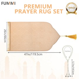 FUMMI Muslim Prayer Rug, Non-Slip Soft Islamic Prayer Mat for Men & Women, Elegant Janamaz with Tasbih Beads (Camel)