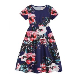 Benylion Thanksgiving Outfits for Girls - Twirly Dresses, Round Neck, Boho Floral Pleated Maxi Dresses for Kids, Size 10-12