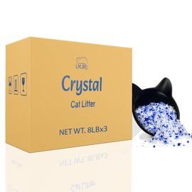LMJP Crystal Cat Litter with Powerful Odor Control, Non-Clumping, Lasts Up to 6 Months, 24lb, Rapid Water Absorption, Unscented & Low Tracking Lightweight Blue & White Silica Crystals, 3 Pack of 8 lb