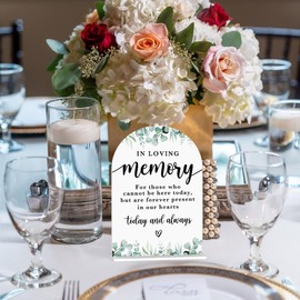 In Loving Memory Acrylic Wedding Sign Memory Table Sign Modern Calligraphy Arch Acrylic Table Top Signs for Wedding Reception and Event Party Decor (White Eucalyptus Leaves)