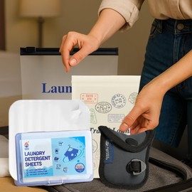 Travel Laundry Kit – 5-Piece Bundle with Laundry Detergent Sheets (Fresh Linen Scent), Lightweight Clothesline, Sink Stopper, Canvas Carry Bag & Breathable Frosted Zip Pouch