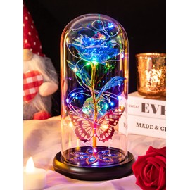 Pusuny Roses Gifts for Women Birthday Gifts for Women, Galaxy Glass Rose Flower Forever Eternal Crystal Light Up Rose in Glass Dome with Butterfly Gifts for Women Her Mom Friends Blue