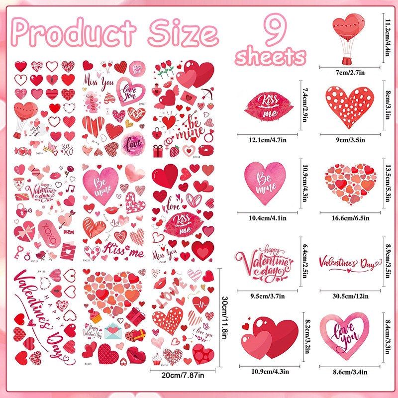 Valentines Window Stickers,Valentines Decorations,9 Sheets Hearts Shape Valentines Stickers,Pink Love